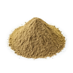 close up pile of finely dry organic fresh raw coriander powder isolated on white background. bright colored heaps of herbal, spice or seasoning recipes clipping path. selective focus