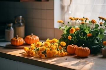 Autumn kitchen with pumpkin, leaves, flowers, and light background. Generative AI