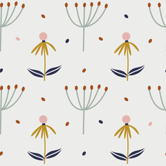 Seamless pattern with north forest flowers on white background. Modern botanical background. Vector illustration