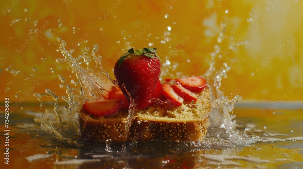 Poster a close up of a piece of bread with strawberries on top of it and water splashing around it.