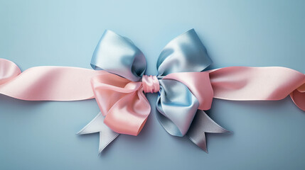 Two-tone ribbon with pink and blue bows on a light blue background.