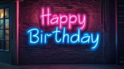 Neon 'Happy Birthday' sign glowing on a brick wall in a dimly lit setting.