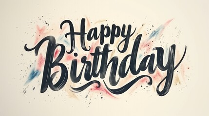 A stylized 'Happy Birthday' message in brush script with watercolor splashes on a plain background.