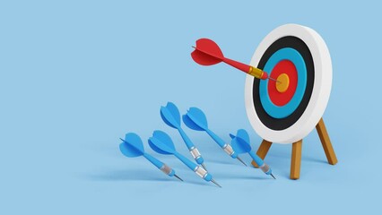 Success after many failures concept, Failure gives experience and makes you successful, Archery target ring with one hitting and many missed arrows. 4k 3d animation