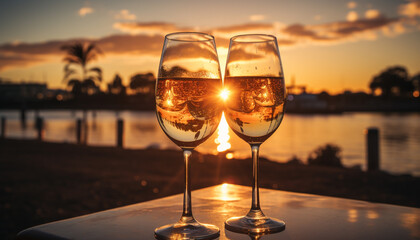 Romantic sunset, drinking wine outdoors, celebrating love and relaxation generated by AI