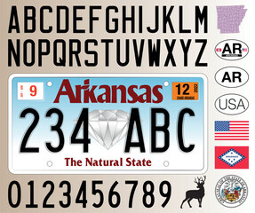 Arkansas car license plate pattern, letters, numbers and symbols, vector illustration, USA