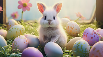 illustration of an easter bunny with colorful easter eggs on a meadow