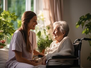 Senior patient, funny or happy caregiver talking for healthcare support at nursing home clinic
