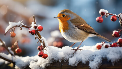 Cute bird perching on snowy branch, enjoying winter tranquility generated by AI