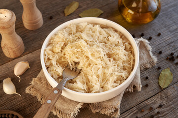 Sauerkraut or fermented cabbage in a  bowl
