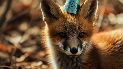 Obraz premium Fox kit with birthday hat generative ai