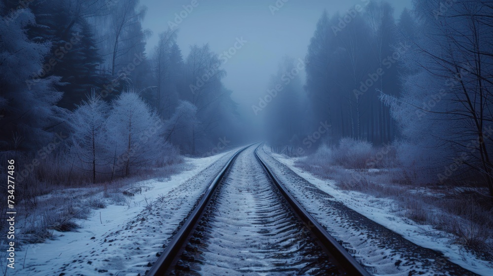Poster a train track in the middle of a forest with snow on the ground and trees on either side of the trac