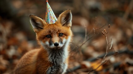 Naklejka premium Fox kit with birthday hat generative ai