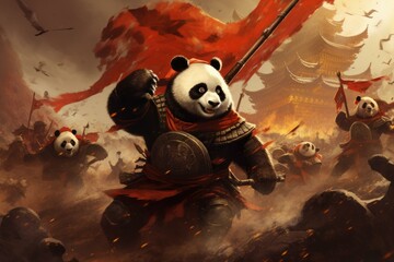 Cute small panda with red flag. Asian country. Generate Ai