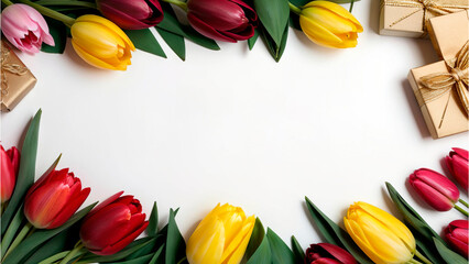 Valentine background with gift box and tulips on table top view flat lay. Generative AI.