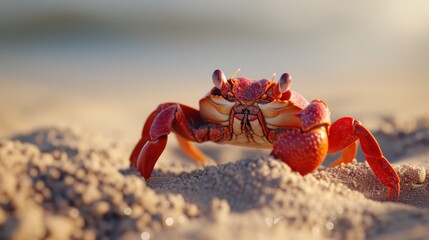  a close up of a crab on a sandy beach with a blurry sky in the background and a shallow body of water in the foreground.