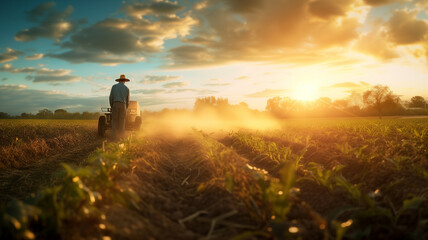 Farmer works land at sunset. Agriculture, farming, rural lifestyle.