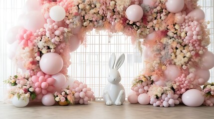 Envision a stunning capture of a rabbit in an egg decoration, emphasizing intricate details, set against a wall with copyspace, and surrounded by 2024-themed balloons for added charm.