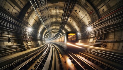 Blurred motion in metro tunnel. Copenhagen metro - 734277881
