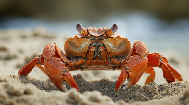  a close up of a crab on a beach with sand and water in the backgrouds behind it.