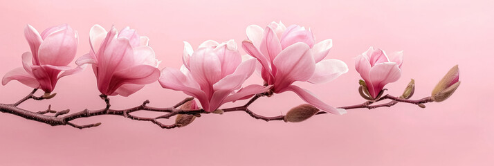 Magnolia branch with fresh blooming pink flower buds on soft pastel pink background, concept of...