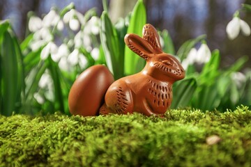 Easter chocolate bunny or rabbits with spring flower in forest