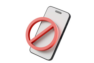 3D Mobile phone with Forbidden sign with red crossed circle icon. Smart phone with Forbidden sign with red crossed circle. Cartoon design creative icon isolated on white background. 3D Rendering