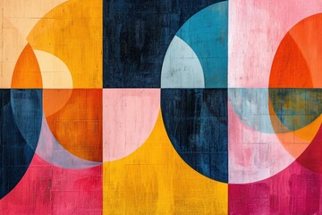 Abstract background with geometric pattern, intricate colorful texture, different lines, circles and shapes, vintage retro painted on canvas