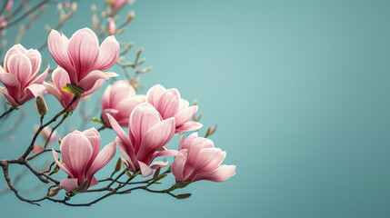 Magnolia branch with blooming young pink flower buds on blue background with copy space, natural spring background, delicate greeting card