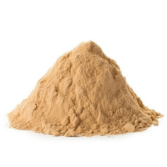 close up pile of finely dry organic fresh raw dong quai powder isolated on white background. bright colored heaps of herbal, spice or seasoning recipes clipping path. selective focus