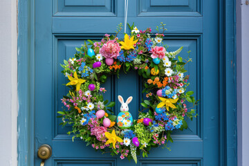 Fototapeta na wymiar A beautiful Easter wreath hanging on a front door.