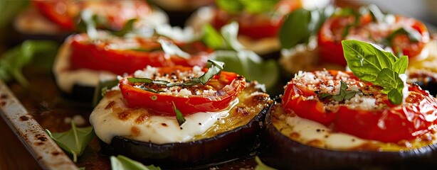 Healthy vegetarian Italian dish made with baked eggplant, mozzarella, and tomatoes