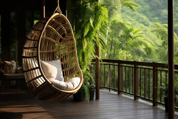 Empty wicker rattan hanging chair with pillows on veranda of an eco villa or eco hotel with view of jungle in tropical country, concept happy, relaxing vacation