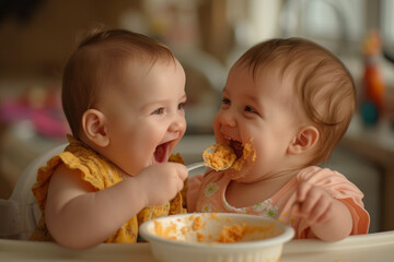 A baby being fed by her older sibling. The sibling is holding a spoon filled with baby food, and both of them are laughing, creating a sweet and heartwarming scene