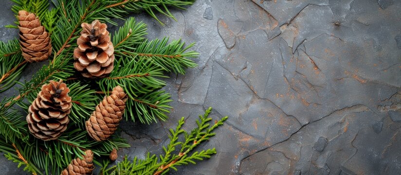 op view green spruce branches with cones on grey background. Generated AI image