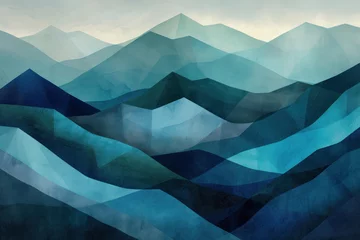 Fototapete Berge An abstract representation of a mountain landscape. The mountains are depicted by layered, geometric shapes in various shades of blue, creating a sense of depth and perspective.