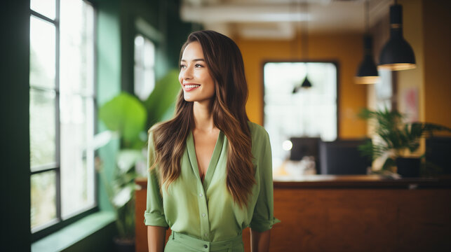 Bella donna con capelli lunghi in un moderno ufficio con abito elegante