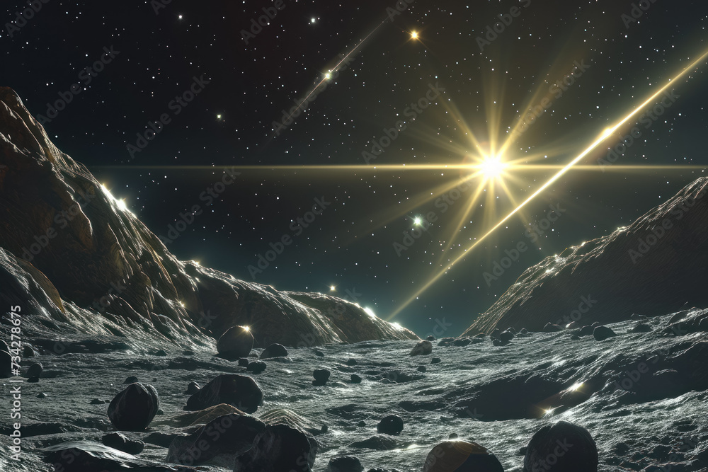 Poster view of a binary star system from a nearby asteroid field