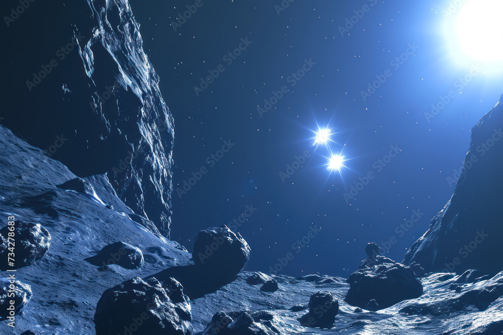 Poster view of a binary star system from a nearby asteroid field