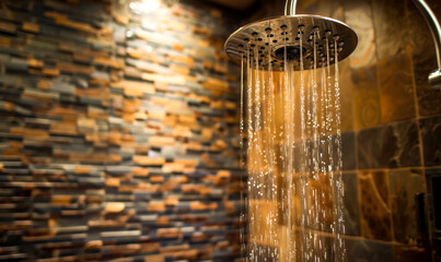 The shower head releasing a steady stream of water, contributing to a clean and invigorating shower experience.