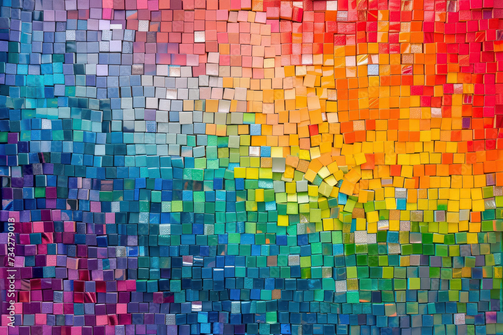 Poster mosaic pattern made up of small, colorful squares.
