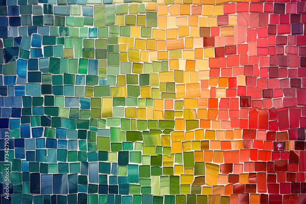 Poster mosaic pattern made up of small, colorful squares.