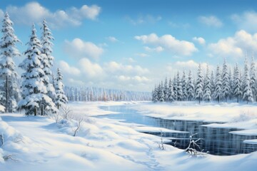 Panoramic winter park snow landscape. Winter season travel sunny day. Generate Ai