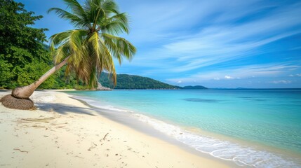  a tropical beach with a palm tree leaning over the edge of the water and a blue sky with wispy clouds.