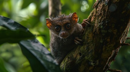 a close up of a small animal on a tree branch with leaves in the background and a blurry background.