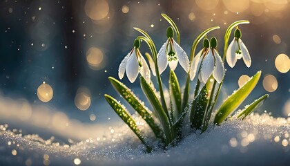 wonderful white snowdrop flowers growing through the snow - obrazy, fototapety, plakaty