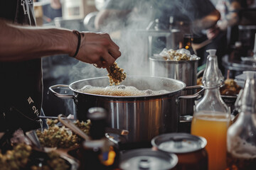 dynamic scene of a homebrewing session. A person is seen adding hops to a boiling pot