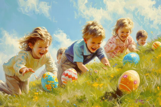 festive scene of children participating in an Easter egg roll
