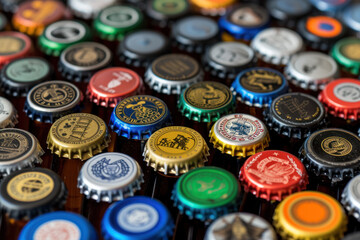 close-up of a beer cap collection