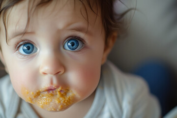 close-up of a baby's face as she tries a new food for the first time.